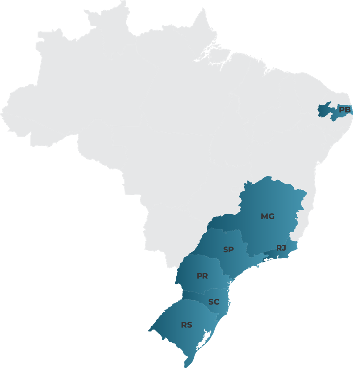 Mapa do Brasil com os estados atendidos em destaque, na região Sul e Sudeste